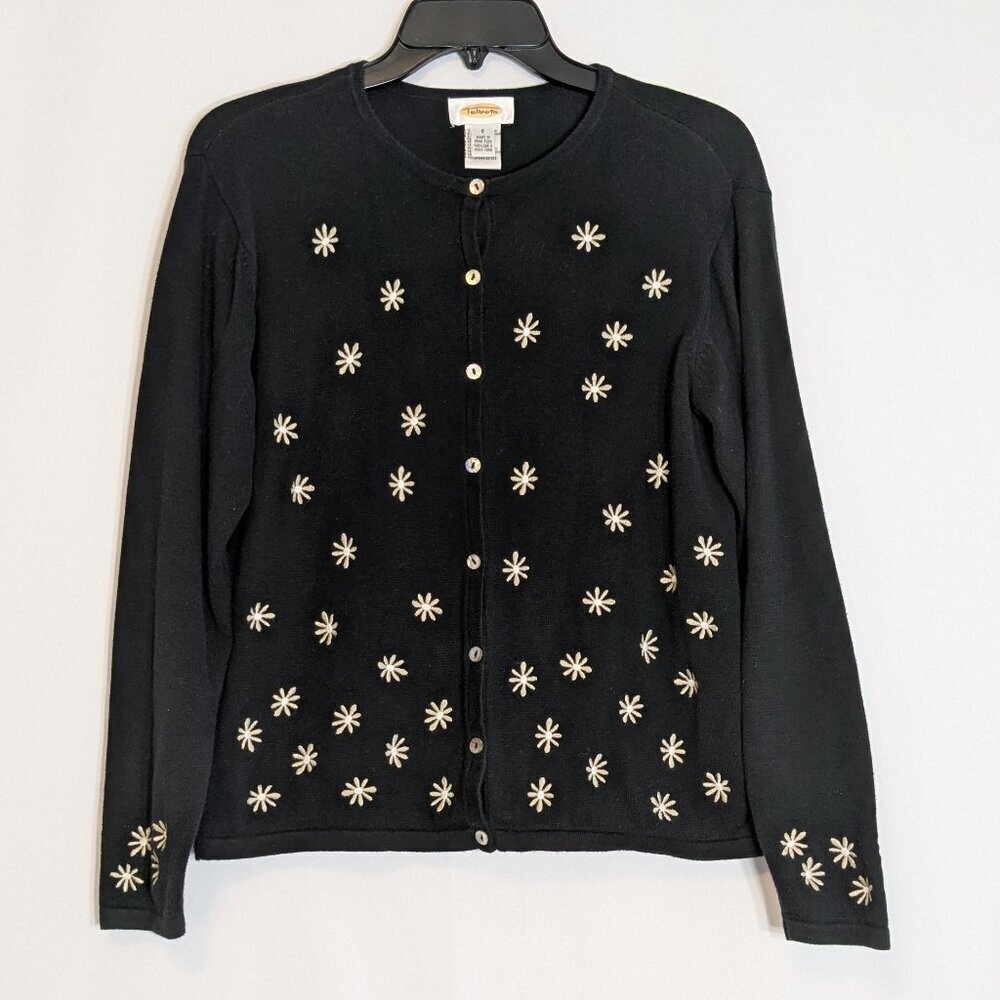 TALBOTS Black Long Sleeve Short Cardigan Sweater; Embroidered Daisy; Size S